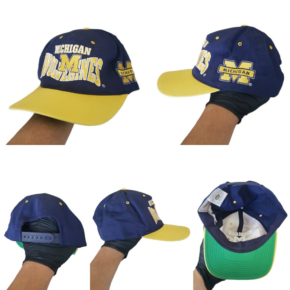 VTG 80s Michigan Wolverines Spellout University Snapback Cap Hat Snap Blue and y